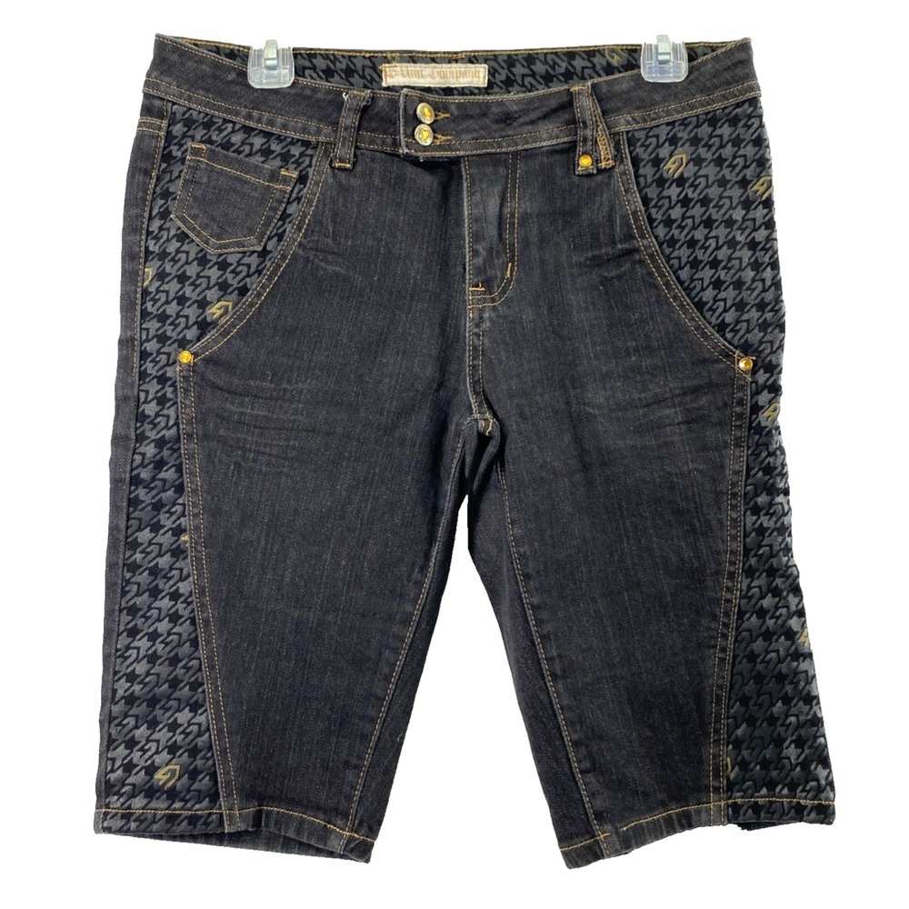 G Unit Company Denim Shorts Junior 11‎ Dark Wash Gold Rhinestones Flap Pockets